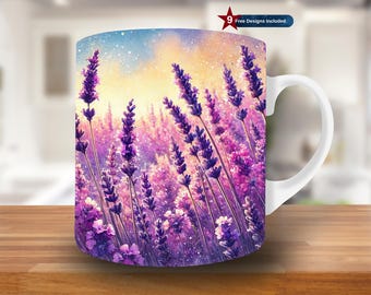 Lavender Mug Wrap, 11oz & 15oz Mug Template, Floral Mug Sublimation Design,Lavender Field Mug Wrap Template, Instant Digital Download PNG