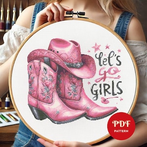 Lets Go Girls Cross Stitch Pattern, Pink Embroidery Pattern, Cowboy Boots Embroidery Design, Cross Stitch PDF Pattern File, Digital download