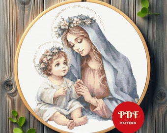 Patrón de punto de cruz de la Virgen María y Jesús, diseño de bordado religioso, gráfico de punto de cruz de la Virgen María, patrón PDF de punto de cruz fácil, DIY
