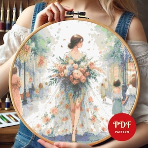 Girl Walking Cross Stitch Pattern, Female Embroidery Design, Woman Needlepoint Chart, Cross Stitch PDF Pattern,Instant Download,DIY, Flowers