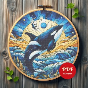 Orca Stained Glass Cross Stitch Pattern, Sea Animal Embroidery Pattern, Embroidery Design, Cross Stitch PDF Pattern File, Digital download