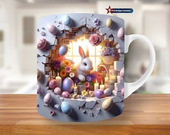 3D Easter Bunny Hole In A Wall Mug Wrap, 11oz & 15oz Mug Template, Mug Sublimation Design, Mug Wrap Template PNG, rabbit mug, bunny mug, egg