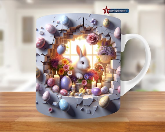 3D Easter Bunny Hole In A Wall Mug Wrap, 11oz & 15oz Mug Template, Mug Sublimation Design, Mug Wrap Template PNG, rabbit mug, bunny mug, egg