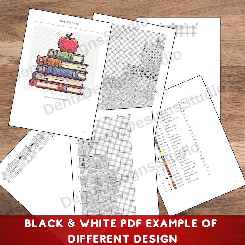 May include: A collection of cross-stitch pattern sheets, including a colorful design of a stack of books topped with a red apple. The text "BLACK & WHITE PDF EXAMPLE OF DIFFERENT DESIGN" is at the bottom.