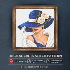 May include: A digital cross stitch pattern featuring a person wearing a wide-brimmed blue hat adorned with two cream-colored roses and a jeweled brooch. The person wears a blue dress, a white wrap, and white gloves. Text includes DIGITAL CROSS STITCH PATTERN.