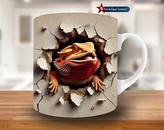 3D söt röd skäggagame muggomslag, 11oz och 15oz muggmall, Beardie-mugg sublimeringsdesign, reptilmuggomslagsmall, direktnedladdning PNG