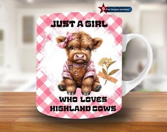 Highland Cow Mug Wrap, 11oz & 15oz Mug Template, Mug Sublimation Design, Mug Wrap Template, Instant Digital Download PNG, Inscribed mug,pink