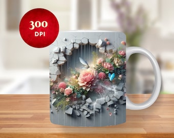 Floral 3D Hole Mug Wrap, Sublimation Design (PNG Digital Download)