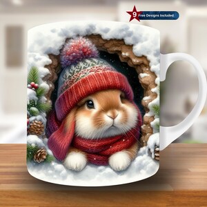 3D Winter Bunny Hole in a Wall Mug Wrap, 11oz & 15oz Mug Template, Christmas Mug Sublimation Design, Mug Wrap Template, Instant Download PNG
