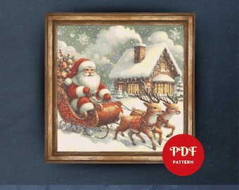 Può includere: Un modello a punto croce incorniciato raffigura Babbo Natale su una slitta trainata da renne. La scena include una casa innevata e fiocchi di neve, con un cerchio rosso "PDF PATTERN".