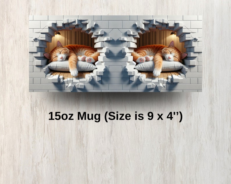 May include: A white ceramic mug with a 15oz capacity. The mug features a printed image of two orange tabby cats sleeping in a hole in a brick wall. The mug is 9 inches wide and 4 inches tall.
