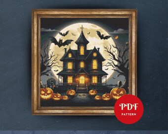 Haunted House Halloween Kreuzstich Stickmuster PDF, Gruselige Stickerei (Pattern keeper Kompatibel, sofortiger Download)