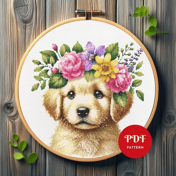 かわいい子犬のクロスステッチ図案、花輪の刺繍デザイン、犬のニードル