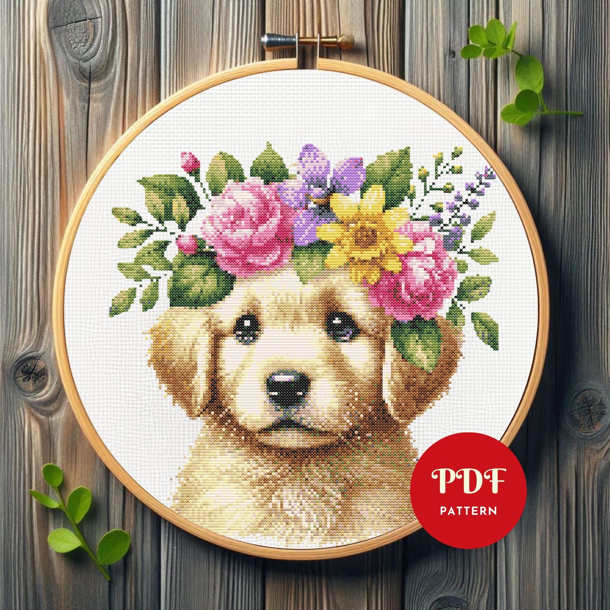 かわいい子犬のクロスステッチ図案、花輪の刺繍デザイン、犬のニードル