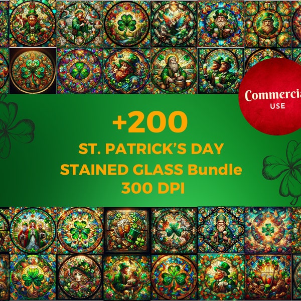 St Patricks Day Stained Glass Bundle, High-Resolution, Commercial Use, Stained Glass PNG, Stained Glass Pattern, Faux Stained Glass, paper