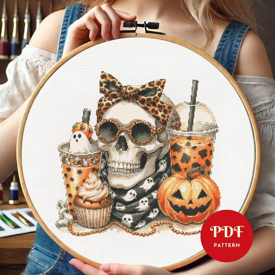 Halloween Skull Cross Stitch Pattern, Spooky Pumpkin Coffee Embroidery ...