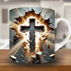 Puede incluir: Taza de cer&aacute;mica blanca con un gr&aacute;fico de una cruz negra rompiendo una pared de concreto agrietada con luz brillando a trav&eacute;s de las grietas.