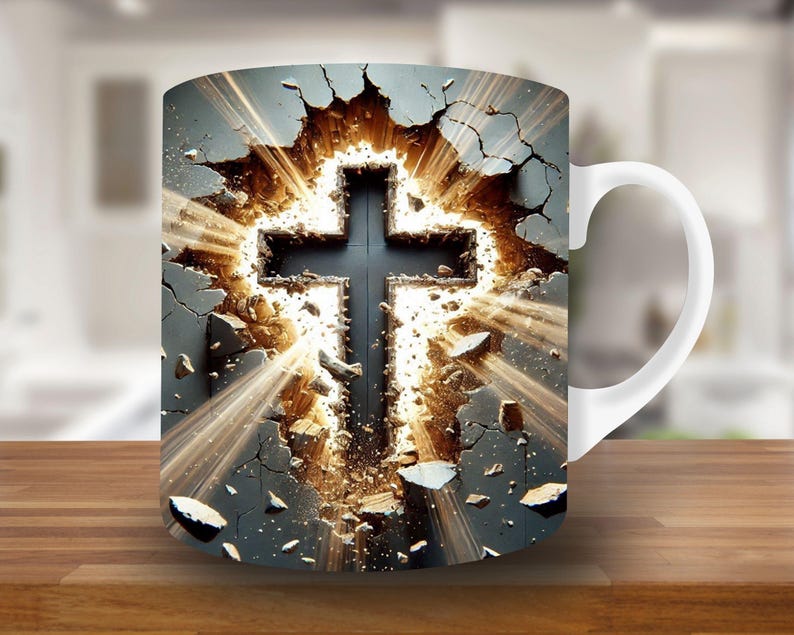 Puede incluir: Taza de cer&aacute;mica blanca con un gr&aacute;fico de una cruz negra rompiendo una pared de concreto agrietada con luz brillando a trav&eacute;s de las grietas.