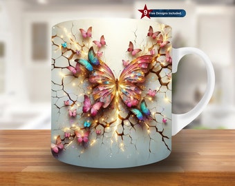 3D Różowy Motyl Pęknięcie W Ścianie Kubek Wrap, 11oz i 15oz Kubek Projekt, Motyl Kubek Sublimacja Projekt, Szablon Kubek Kawowy Wrap PNG, Różowy Kubek