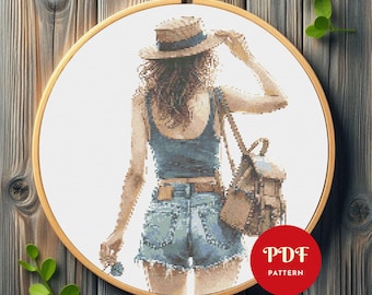 Sommer Mädchen Kreuzstich Muster PDF, Frau Entspannte Frau Stickerei (Pattern Deco, Instant Download)
