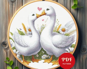 Kissing Geese Cross Stitch Pattern, Farm Animal Embroidery Design, Goose Needlepoint Chart, Love Cross Stitch PDF Pattern, DIY, couple