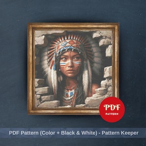 May include: A framed cross-stitch pattern featuring a portrait of a Native American woman. The woman wears a feathered headdress with blue, red, and white accents. The image is framed by a gold-colored frame and a brick-like border. The text "PDF Pattern" is visible.