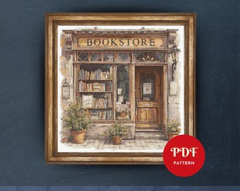 Padrão de ponto cruz para livraria, design de bordado para loja vintage, gráfico de leitura de bordado, padrão de ponto cruz fácil em PDF, download instantâneo, faça você mesmo