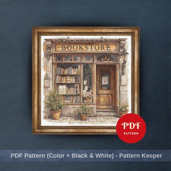 Bookstore Cross Stitch Pattern, Vintage Shop Embroidery Design,Reading Needlepoint Chart, Easy Cross Stitch PDF Pattern,Instant Download,DIY