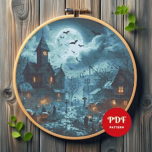 Haunted Village Cross Stitch Pattern, Halloween Embroidery Design, Spooky Needlepoint Chart, Easy Cross Stitch PDF Pattern, Instant Download