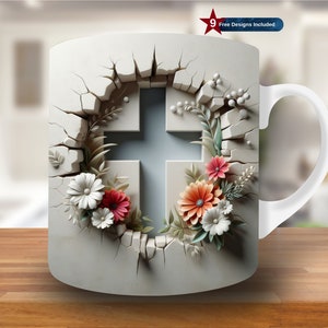 May include: White ceramic mug featuring a cross design. The cross is framed by a cracked wall effect and adorned with colorful flowers. The mug has a white handle and the text "9 Free Designs Included".