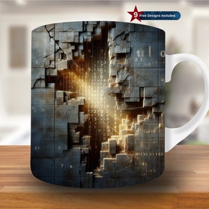 May include: A white ceramic mug with a design of a cracked concrete wall with a glowing digital code inside. The mug has a handle on the right side.