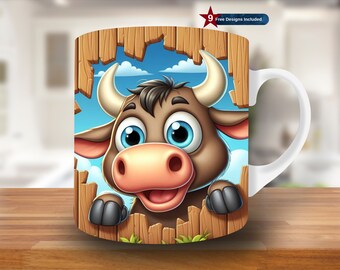 3D Cute Cow Hole in a Wall Wrap, 11oz & 15oz Mug Template, Farm Mug Sublimation Design, Mug Wrap Template PNG, Instant Digital Download PNG