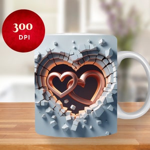 3D Gold Love Hearts Hole In A Wall Mug Wrap, 11oz & 15oz Mug Template, Mug Sublimation Design, Mug Wrap Template PNG, Valentines Mug, love