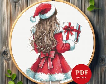 Noël fille motif point de croix, motif de broderie femme, grille de broderie de vacances, cadeau motif PDF point de croix, téléchargement numérique, bricolage
