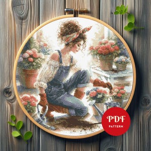 Gardener Girl Cross Stitch Pattern, Botanical Embroidery Design,Woman Needlepoint Chart,Spring Cross Stitch PDF Pattern,Instant Download,DIY