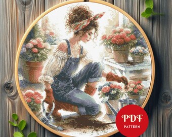 Gardener Girl Cross Stitch Pattern PDF, Botanical Design (Pattern Keeper Compatible, Instant Download)