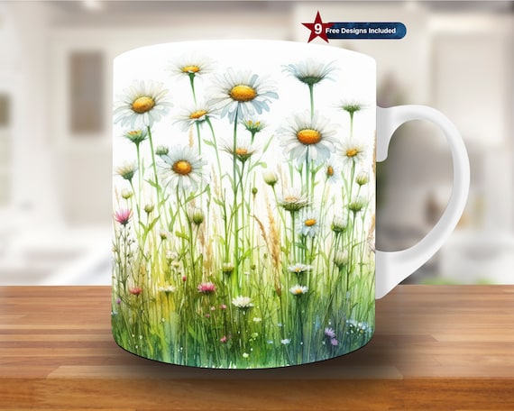 Watercolor Daisy Mug Wrap PNG, Floral Sublimation Design, 11oz, 15oz (Digital Download)
