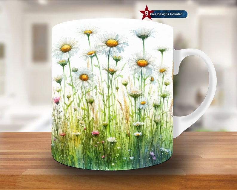 May include: White ceramic mug with a watercolor design of white daisies and green foliage. The mug has a black handle.