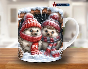 Winter Hedgehog Mug Wrap PNG, Christmas Sublimation Design, 11oz, 15oz (Digital Download)