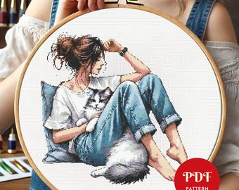 Girl and Cat Cross Stitch Pattern, Modern Embroidery (PDF Pattern)