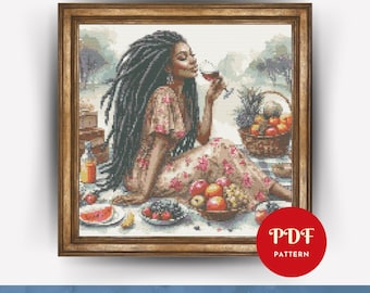 Frau trinkt Wein Kreuzstichmuster, Picknick Stickdatei Design (PDF-Muster)