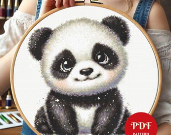 Schema punto croce panda carino, schema punto ricamo orso, ricamo animali, file PDF schema punto croce panda, download digitale pdf