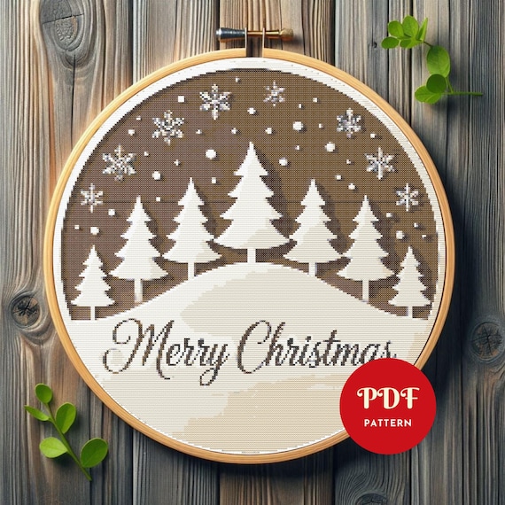 3Dメリークリスマスクロスステッチパターン、冬の木の刺繍デザイン