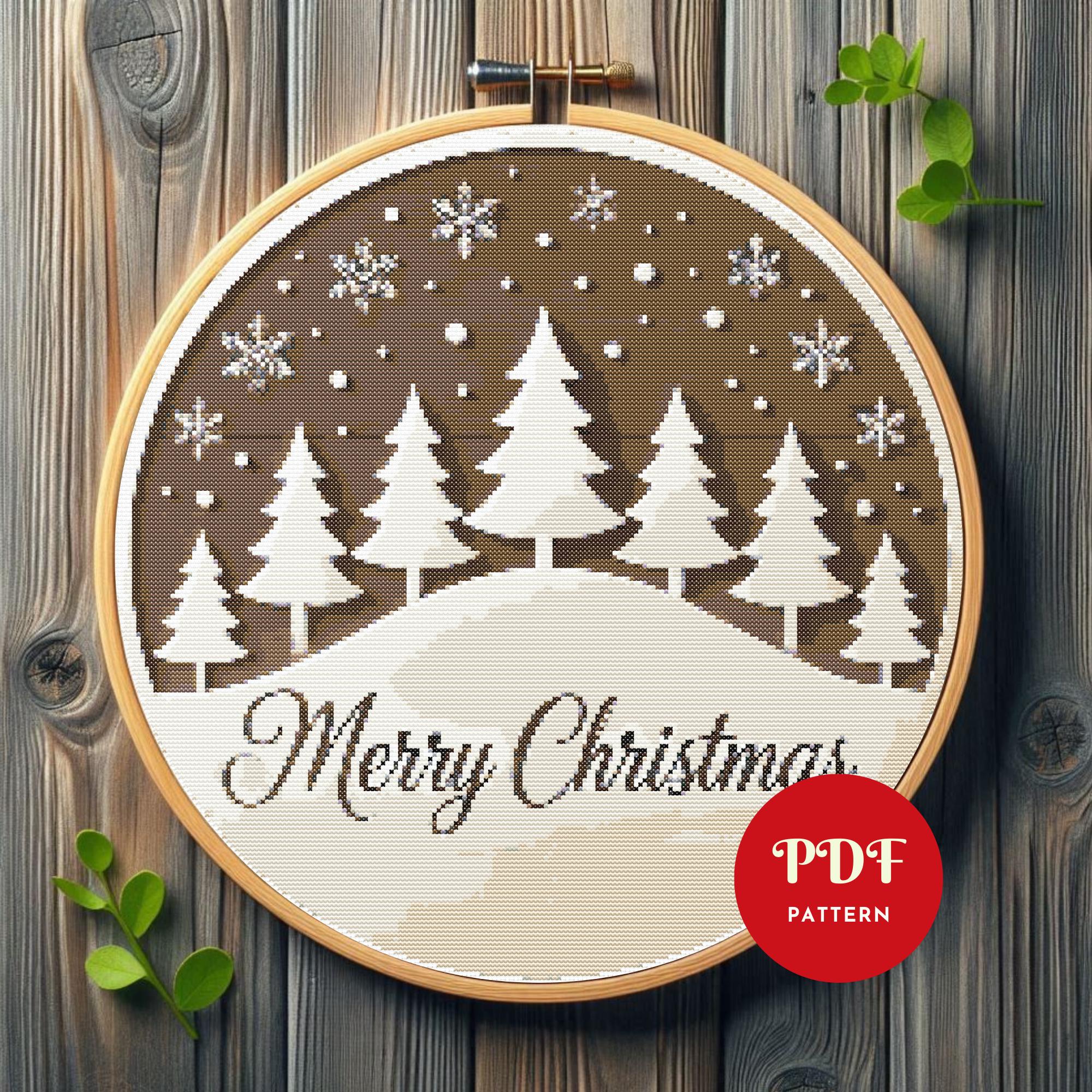 3Dメリークリスマスクロスステッチパターン、冬の木の刺繍デザイン