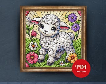 羊のクロスステッチパターン、ミニファーム刺繍、モダンなクロス