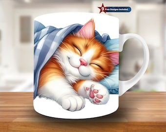 Sleeping Cat Mug Wrap, 11oz & 15oz Mug Template, Mug Sublimation Design, Mug Wrap Template, Instant Digital Download PNG,cartoon mug wrap