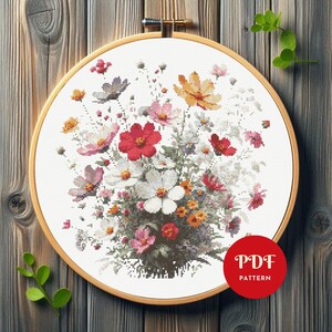 Lentebloemen kruissteekpatroon, lente-borduurpatroon, wilde bloem borduurontwerp, pdf-patroonbestand kruissteek, digitale download