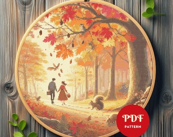 Autumn Forest Cross Stitch Pattern, Couple in Fall Forest Embroidery Design,Needlepoint Chart,Easy Cross Stitch PDF Pattern,Instant Download