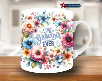 Best Grandma Ever Mug Wrap, 11oz & 15oz Mug Template, Mug Sublimation Design, Mug Wrap Template, Instant Digital Download PNG, flowers, baby