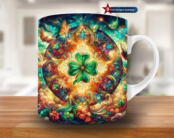 3D St Patrick's Day Clover Mug Wrap, 11oz & 15oz Mug Template, Pattys Mug Sublimation Design, Stained Glass Mug Wrap Template, Digital PNG